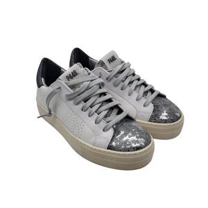 P448 Thea Platform Sneaker Size 37 White Silver Leather Suede Surf Later Glitter